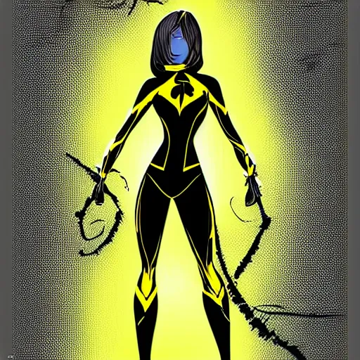 Image similar to black and yellow spiderman girl costume drawn by steve ditko comic book art style, 4 k digital art