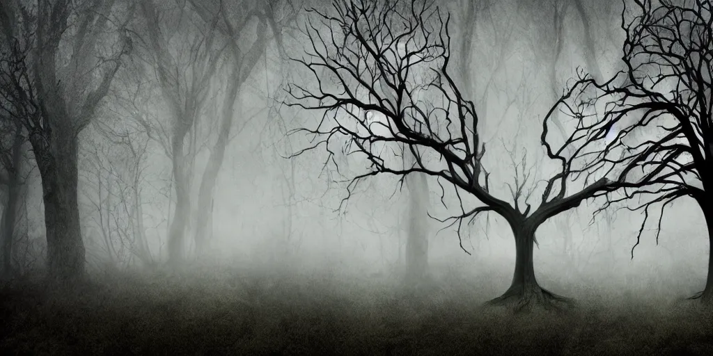 Prompt: fun strange darkness house, dead tree, inspired by Tim Burton, (by Tim Burton) dark forest background, mist, fog, volumetric lighting