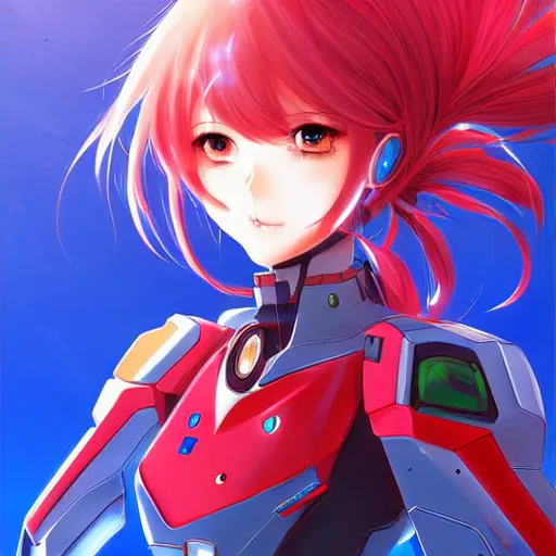 Image similar to digital anime art, cute mech girl wearing a red mech suit and blue eyes. wlop, rossdraws, sakimimichan