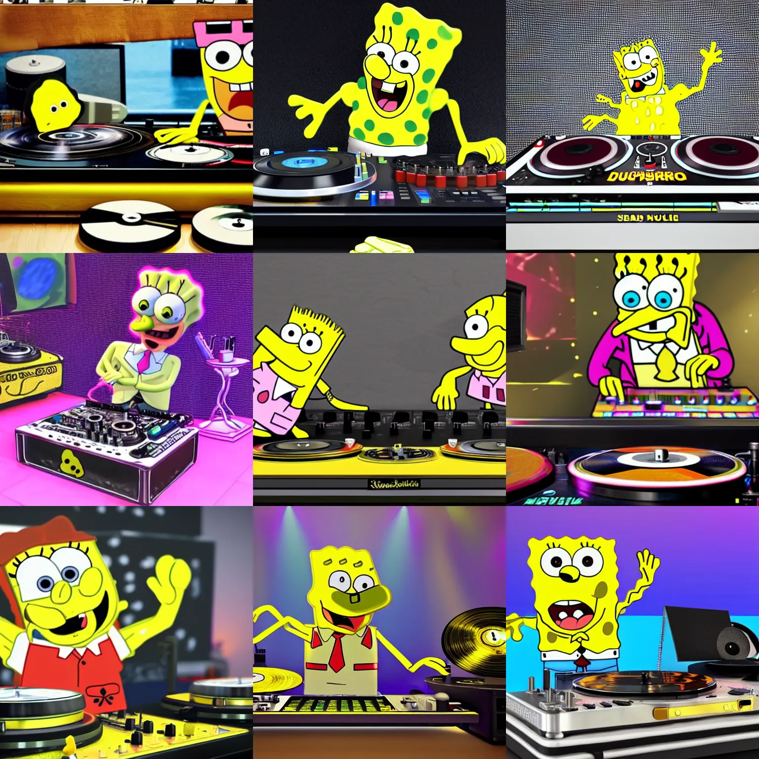 Prompt: 3d rendered realistic tired drunk spongebob DJing with DJ turntables, unreal