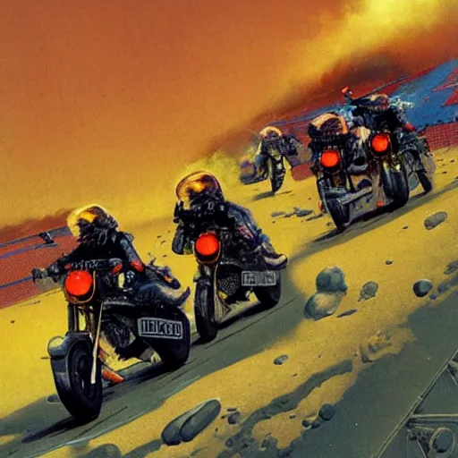 Image similar to motorbikers race in hell, art by chris foss, john harris, beeple, wayne barlowe