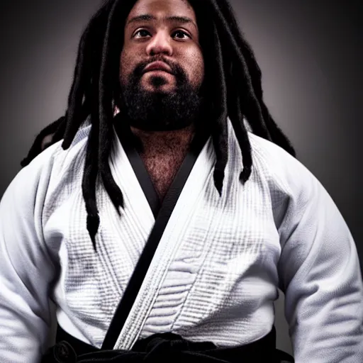 Image similar to photo of chubby black bjj athlete with long dreads posing, serious face, white belt, professional photo