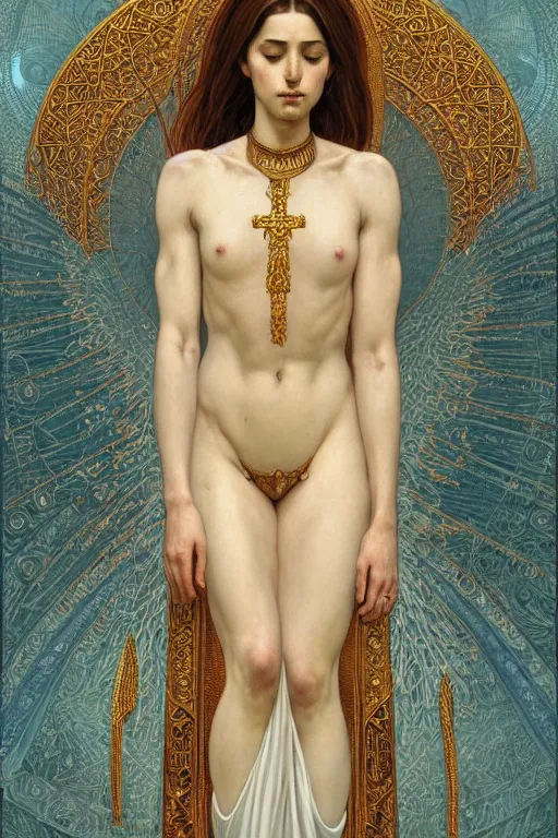 Image similar to a full body portrait of a beautiful ethereal delicate byzantine egyptian mage queen meditative sacral pose catholic stages of the cross, intricate, elegant, highly detailed, digital painting, artstation, concept art, smooth, sharp focus, illustration, art by krenz cushart and artem demura and alphonse mucha