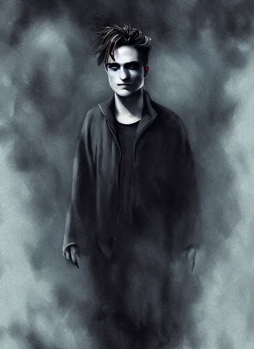 Image similar to well - shaven robert pattinson, black outfit, cape, in the style of tom bagshaw, sandman, misty endless dream cinematic background, netflix sandman