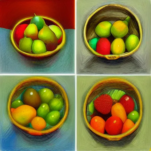 Prompt: 4 views of a fruit bowl, digital art
