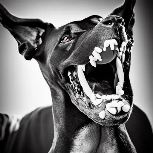 Prompt: doberman pinscher growling, showing its teeth, fangs, barking, defense, attack, photorealistic, black and white film photography