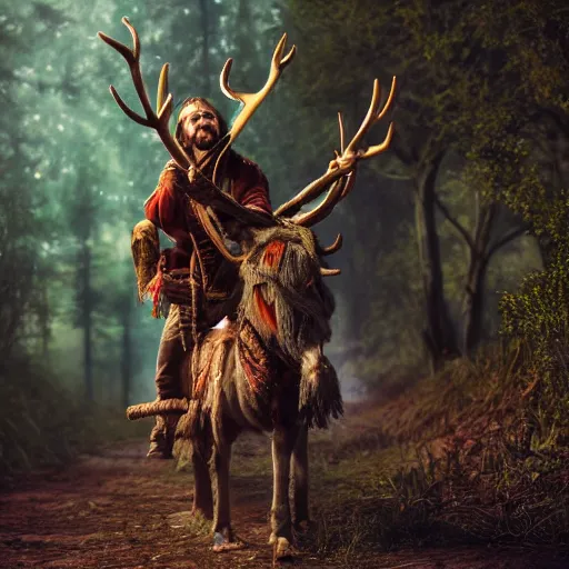 Image similar to hippie tribal hobo wearing twigs and leaves smiling sheepishly, riding tiny scuffy donkey with novelty oversized antlers, autumn forest, highly detailed, dramatic lighting, night time, cinematic, hyperrealistic, detailed, movie still from game of thrones