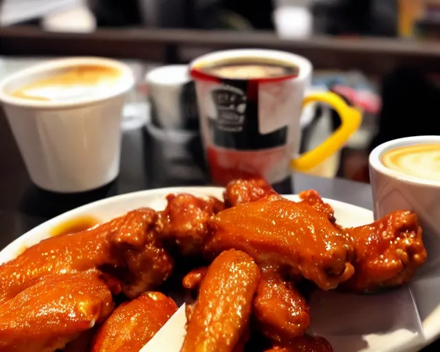 Prompt: A cup of coffee and hot wings covered in cheese, Cinematic shot