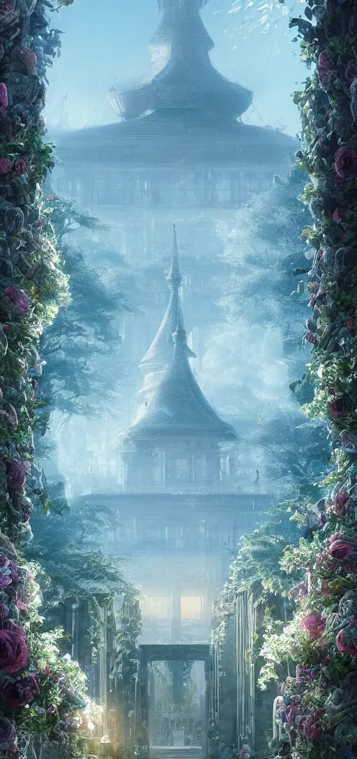 Image similar to vanishing point palace is like the kremlin covered with aqua blue roses on a lake, viewed from afar, stephen bliss, misty, unreal engine, fantasy art by greg rutkowski, loish, ferdinand knab, and lois van rossdraws,, global illumination, radiant light, minimalist, detailed and intricate environment