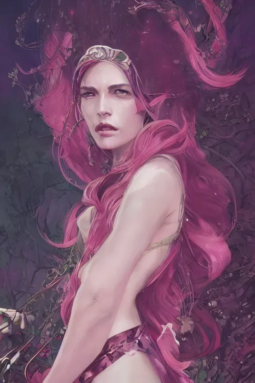 Image similar to a highly detailed tarot card of A beautiful woman, with medium length magenta hair covering an eye, and a tall tree, and large obsidian crystals, cinematic lighting, dramatic atmosphere, by Dustin Nguyen, Akihiko Yoshida, Greg Tocchini, Greg Rutkowski, Cliff Chiang, 4k resolution, trending on artstation