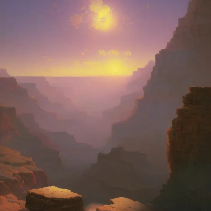 Image similar to a beautiful painting of a grand canyon, sunset by ivan aivazovsky and rhads and rene magritte and greg rutkowski and james gurney, in style of digital art. hyper detailed, sharp focus, soft light. octane render. ray tracing. trending on artstation