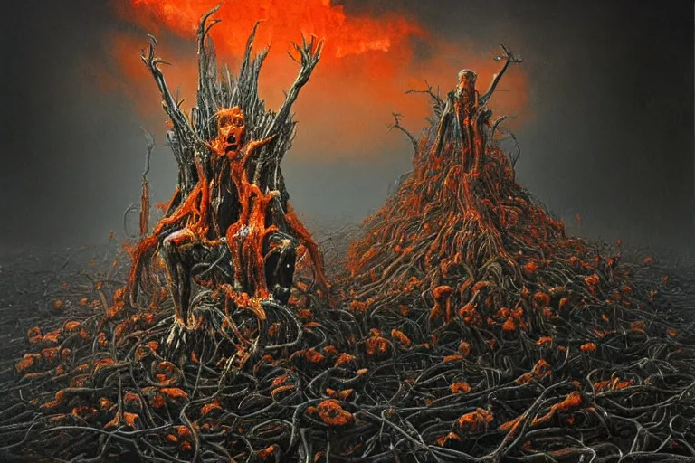 Image similar to Haunting horrifying hyperrealistic detailed painting of a skinny tall man sitting atop a giant throne of splinters in a foggy hellscape with spread out pools of orange glowing liquid and goop, eyeballs bulging, sparks of fire flying, dystopian feel, heavy metal, disgusting, creepy, unsettling, in the style of Michael Whelan and Zdzisław Beksiński, lovecraftian, hyper detailed, trending on Artstation