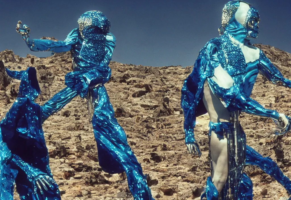 Prompt: mick jagger dressed in blue costume with many jewels in a dry rocky desert landscape, ultradetailed alien complex city and giant alien spaceshipby hans giger, film still from the movie by alejandro jodorowsky with cinematogrophy of christopher doyle and art direction by hans giger, anamorphic lens, kodakchrome, 8 k