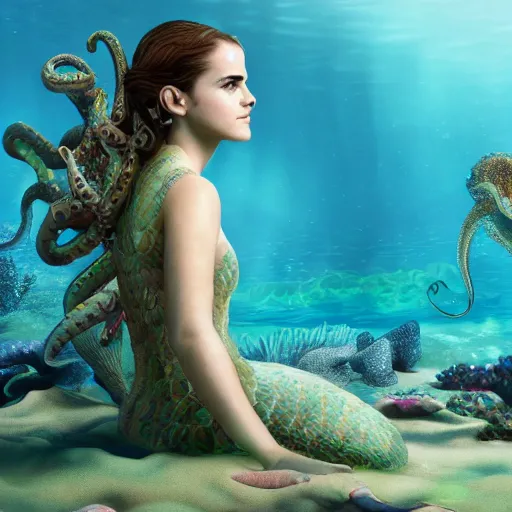 Prompt: emma watson mermaid swimming in an octopus'garden, under the sea, in the shade. trending on cgsociety, unreal engine, 4 k wallpaper