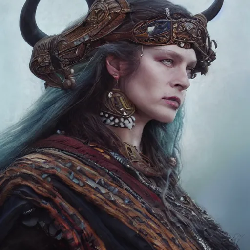 Image similar to Official portrait of a fierce viking woman, highly detailed, cinematic, 8k, 1080s, by Stanley Artgermm, Tom Bagshaw, Greg Rutkowski, Vincent di Fate, Carne Griffiths, Ayami Kojima, trending on DeviantArt, hyper detailed, full of color, digital art,