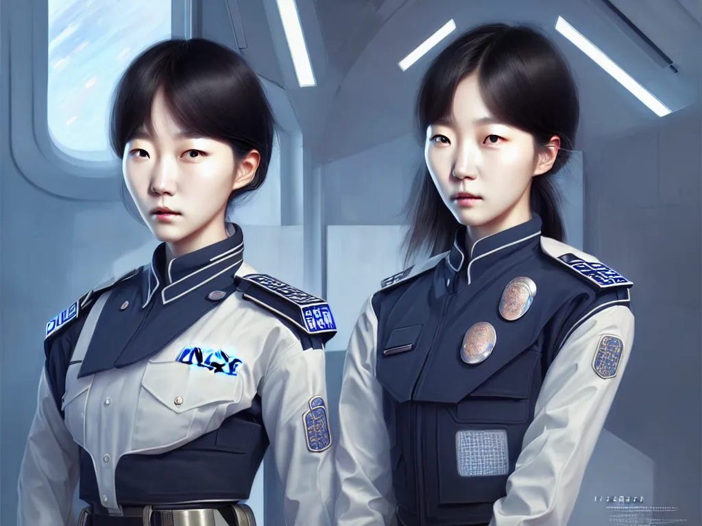 Prompt: portrait futuristic korea police uniform girl, at future neon light rooftop, ssci - fi and fantasy, intricate and very very beautiful and elegant, highly detailed, digital painting, artstation, concept art, smooth and sharp focus, illustration, art by tan zi and ayanamikodon and alphonse mucha and wlop