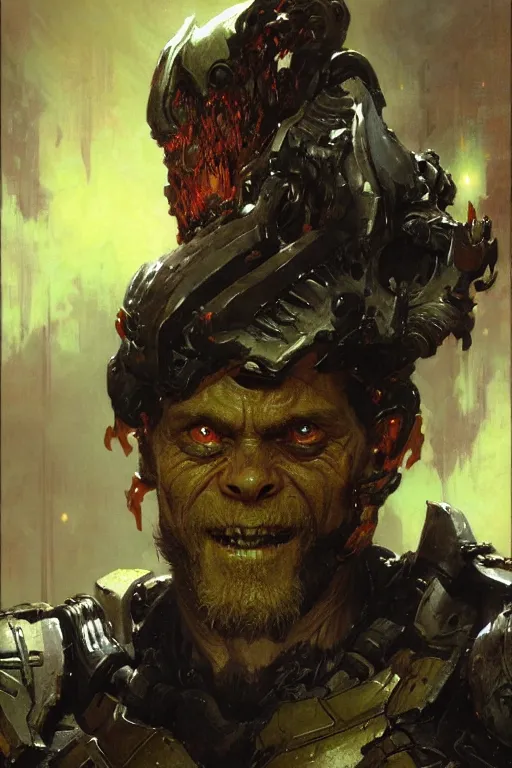 Prompt: willem dafoe as the doom marine portrait dnd, painting by gaston bussiere, craig mullins, greg rutkowski, yoji shinkawa