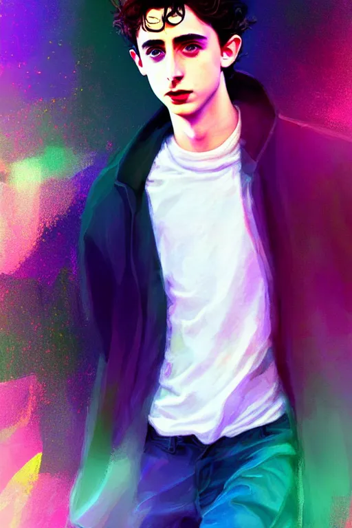 Image similar to a man looks like timothee chalamet, blurred environment background, colorful magic effects, white skin, portrait, male, clothed, sharp focus, digital art, concept art, trending on artstation, dynamic lighting, by emylie boivin and rossdraws