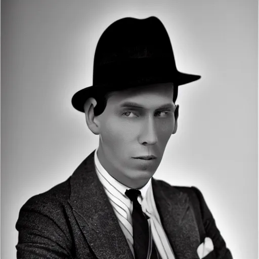 Image similar to a photograph portrait of jerma in the 1 9 3 0 s with slicked back hair and a homburg fedora, taken in the mid 1 9 3 0 s, grainy, taken on a 3 0 s kodak camera, realistic, hyperrealistic, very realistic, highly detailed, very detailed, extremely detailed, detailed, digital art, trending on artstation