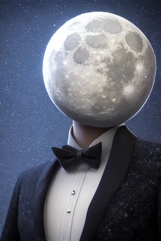 Image similar to the Moon with a face wearing a formal overcoat, portait photo profile picture, hyperrealistic concept art, octane render, unreal engine 5, digital art hi