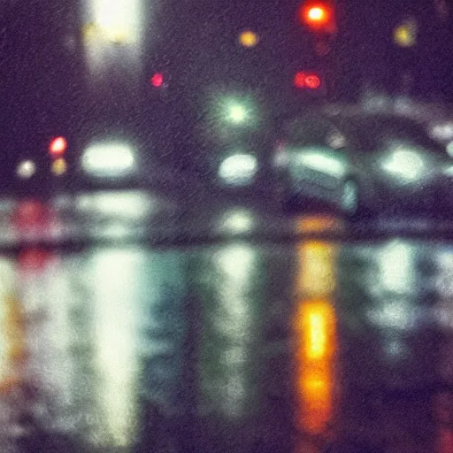 Image similar to zoomed in iphone photo rainy night in the city, reflections, car lights