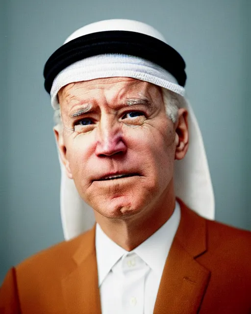 Prompt: a photo of joe biden as a muslim sheikh from the middle east, ( ( ( ( ( ( ( ( sad ) ) ) ) ) ) ) ), portrait, ektachrome, closeup, f / 2. 8