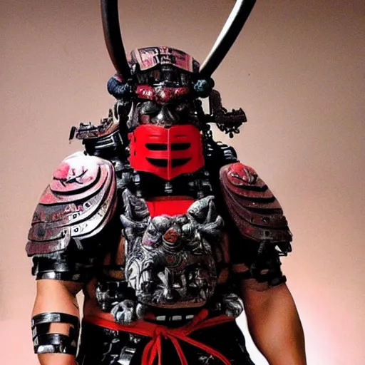 Image similar to very big very muscular very buff very strong samurai, wearing a cybernetic oni mask. The mask is cybernetic and scary. Movie still