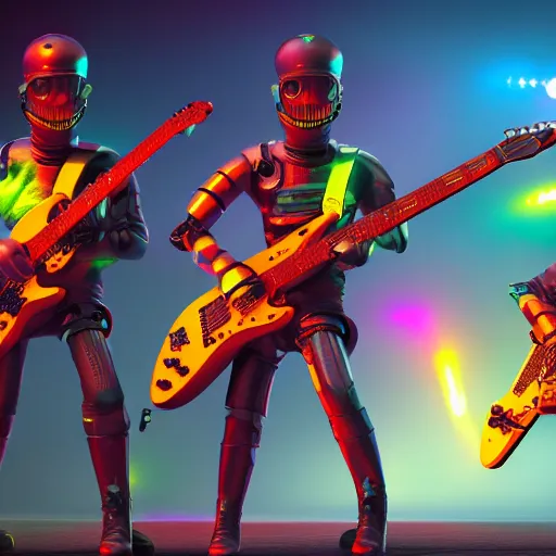 Image similar to album art, rockband with 3 dieselpunk robots playing guitar, robos rock, 8 k, flourescent colors, halluzinogenic, multicolored, exaggerated detailed, front shot, 3 d render, octane