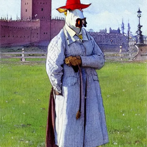 Image similar to painting by carl larsson, cow, dressed, anthropomorphic!!, wearing!!! clothes!!!, standing next to royal castle!!!