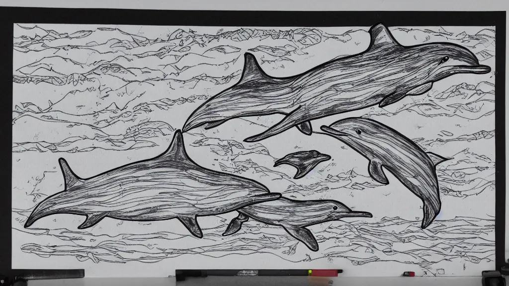 Image similar to line drawing unprofessional dolphin diorama