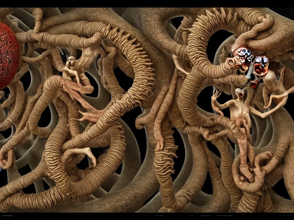 Image similar to human eating yourself ], neo surrealism, art by ernst haeckel and daniel martin diaz and mc escher, 8 k, unreal engine render