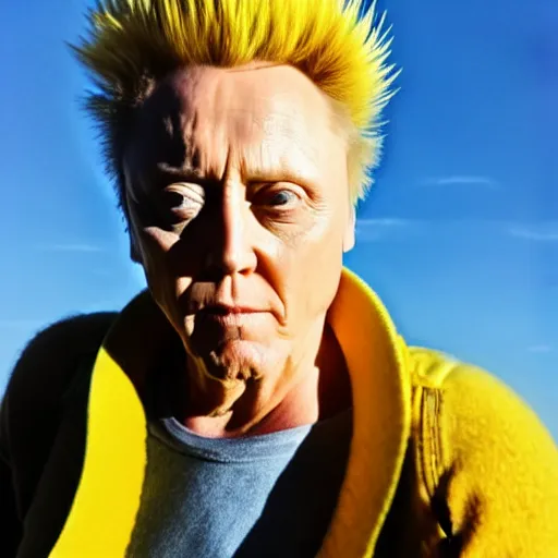 Prompt: christopher walken super saiyan, yellow aura, yellow spiky hair, blue sky and clouds in background