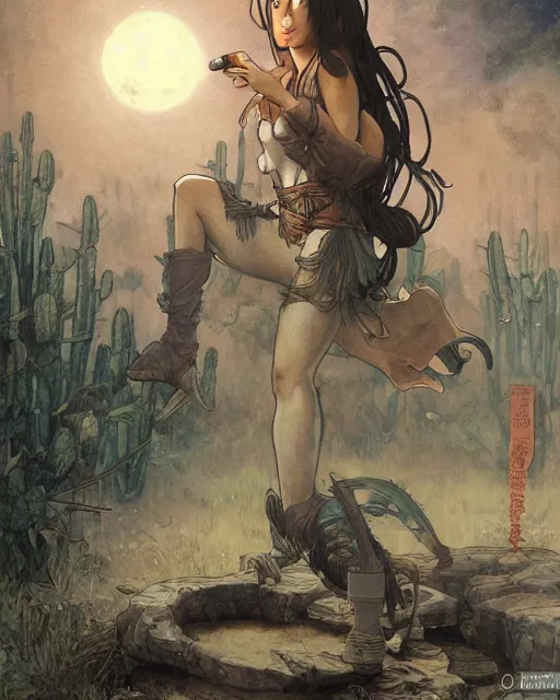 Image similar to spartan drinking tea at campfire with trichocereus background and smoke haze, wolf howling at full moon, photo in the style of the celestine prophecy, wlop, artgerm, greg rutkowski and alphonse mucha yoichi hatakenaka, masamune shirow, josan gonzales and dan mumford, ayami kojima