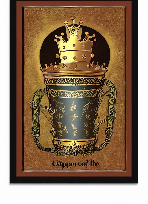 Image similar to sloth as the king of cups, copper cup, coper crown, poster framed, intricate details, medieval art style, high contrast, posterized