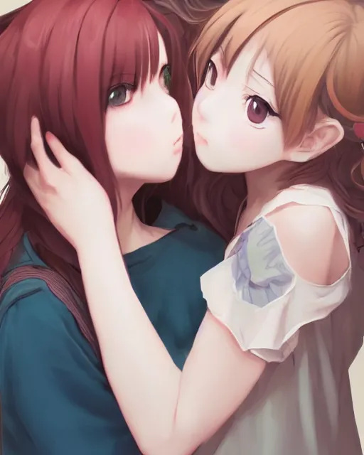 Image similar to portrait of two girls kissing, anime, drawn by WLOP, trending on Artstation