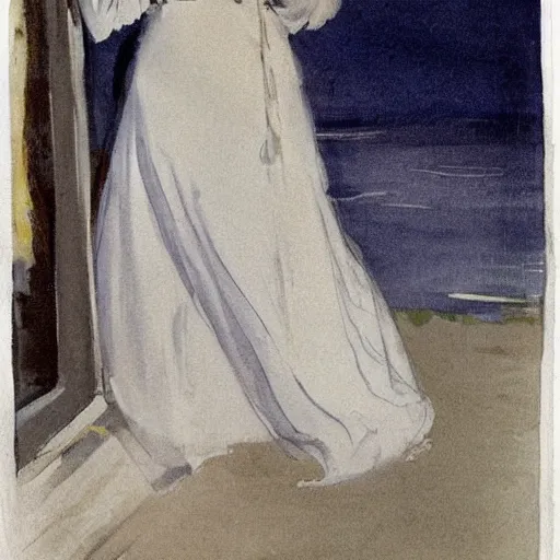 Image similar to a young edwardian woman wearing a white dress, playing guitar in a window at night, the sea and a beach and the moon is visible in the background, in the style of anders zorn