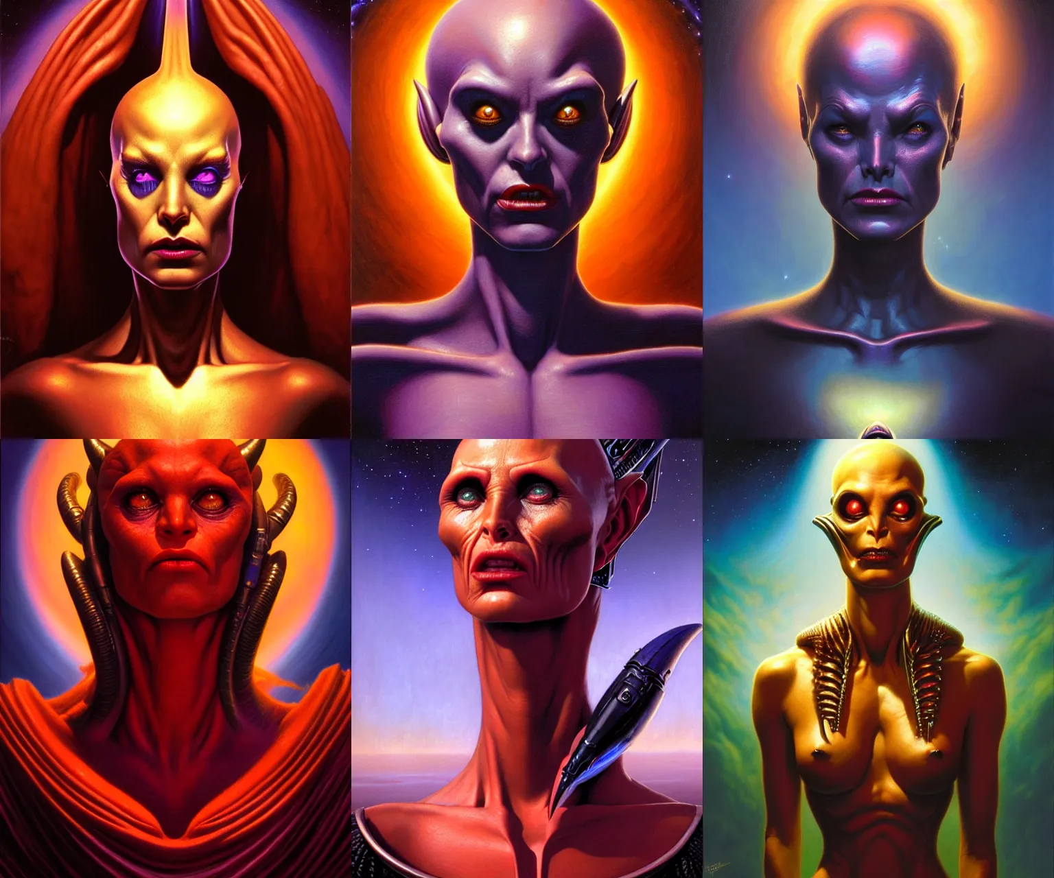 Prompt: cinematic bust portrait of villainous female extraterrestrial queen, head and chest only, exotic alien features, full lips, Tim Hildebrandt, Wayne Barlowe, Bruce Pennington, donato giancola, anne stokes, oil on canvas, masterpiece, trending on artstation, featured on pixiv, cinematic composition, dramatic pose, beautiful lighting, sharp, details, hyper-detailed, HD, HDR, 4K, 8K