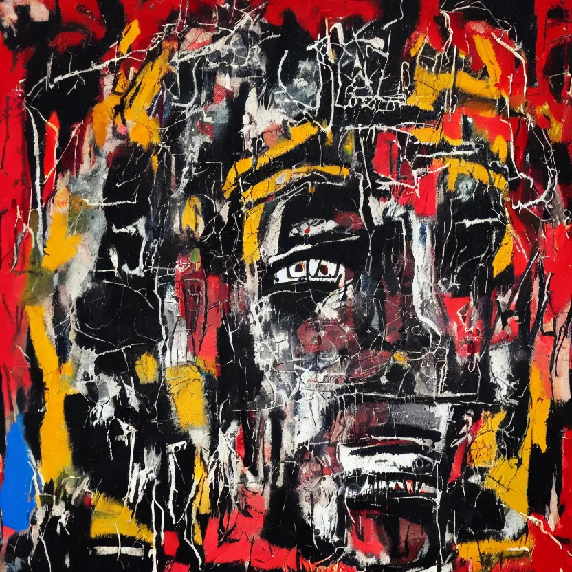 Prompt: gritty splattered punk painting of a geometric face with surprised expression on a black background, painted by basquiat. dark background. trending on artstation.