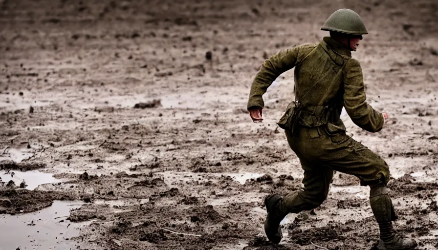 Image similar to screaming World War 1 soldier running away, wartorn landscape, lots of mud puddles and craters, bullet motion blur, dirty lens, cinematic lighting, IMAX close-up of face, cinematography, 35mm