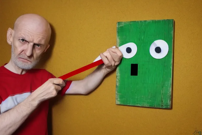 Image similar to baldi from baldi's basics with a wooden ruler and looking angry, hd, 8 k