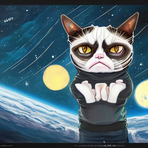 Prompt: concept art of grumpy cat's adventures in space, digital painting, trending on artstation, 4 k resolution, highly detailed