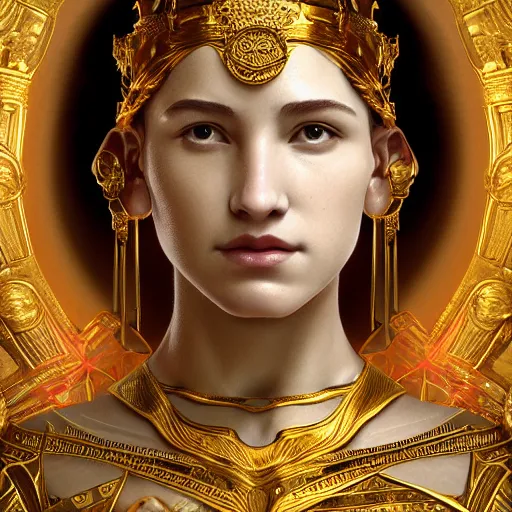Image similar to portrait of Ava from Ex Machina as a greek goddess, marble statue, greek mythology, gold crown and filaments, intricate, headshot, highly detailed, digital painting, artstation, concept art, sharp focus, cinematic lighting, illustration, art by artgerm and greg rutkowski, alphonse mucha, cgsociety