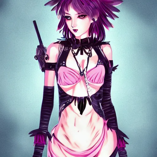 Image similar to goth anime girl in mini skirt and crop top intricate, extremely detailed, digital painting, artstation, concept art, smooth, sharp focus, illustration, intimidating lighting, incredible art, hightly detailed face and body