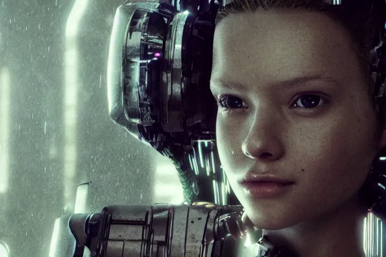 Image similar to cinematography closeup portrait of a cyborg girl in a cyberpunk apartment by Neil blomkamp