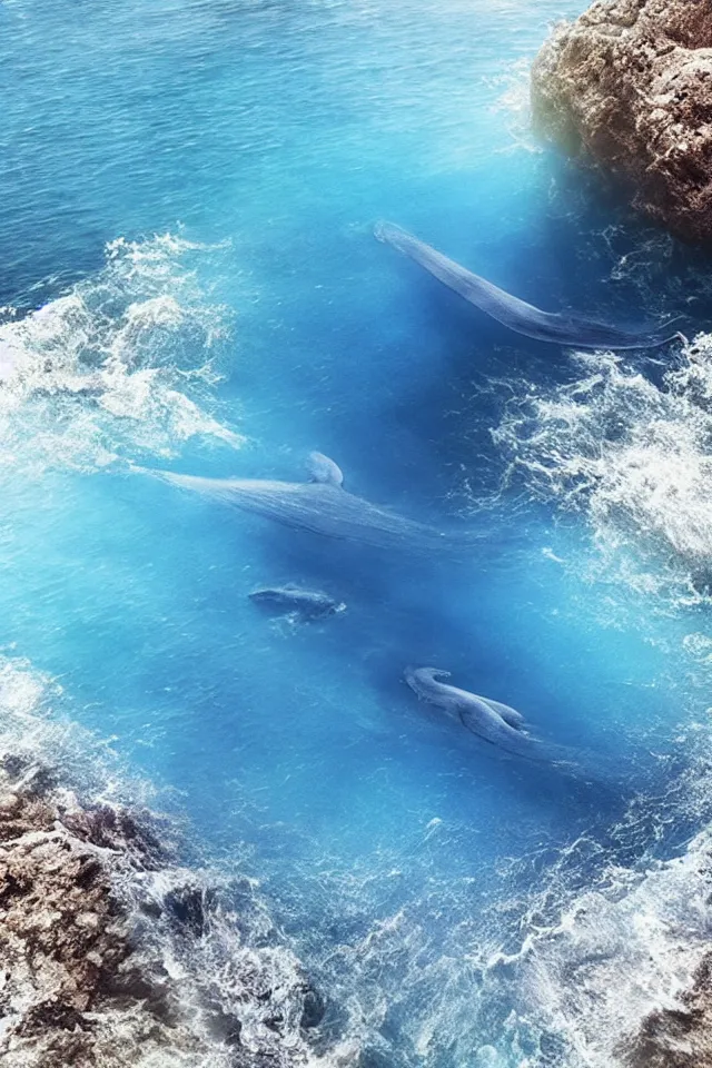 Image similar to under the blue ocean there is a blue whale in the water, the blue whale crystal texture, the dreamy crystal atmosphere ， super wide angle ， matte painting ， rtx on ， trending on cgsociety and artstation, volumetric light ， hyper - realism