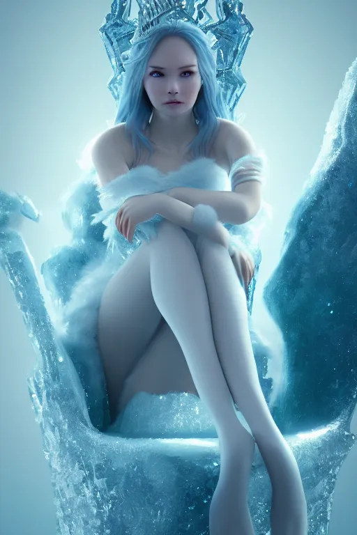 Prompt: Beautiful Ice Princess!! sitting on an ice throne legs crossed, arms resting on throne, no shoes, frost, fantasy, elegant, artstation, hard focus, octane render