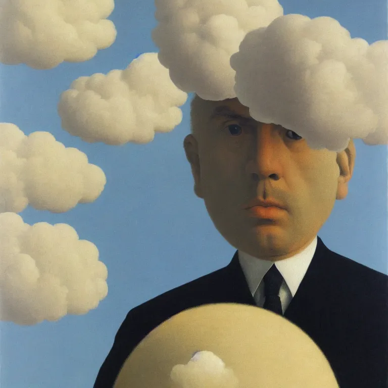 Image similar to portrait of a man whos head is a cloud, by rene magritte, detailed painting, hd, hq, high resolution, high detail, 4 k, 8 k