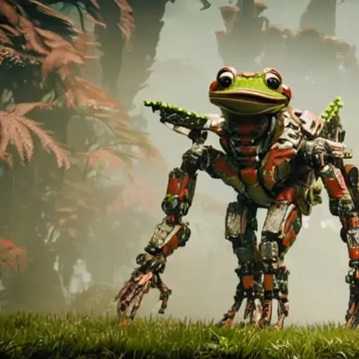 Prompt: a cybernetic robot frog from the game Horizon Zero Dawn. It is standing on all four of its legs.