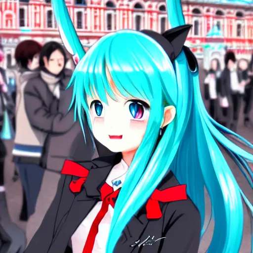 Image similar to hatsune miku on the moscow red square, high detailed anime art, trending on pixiv