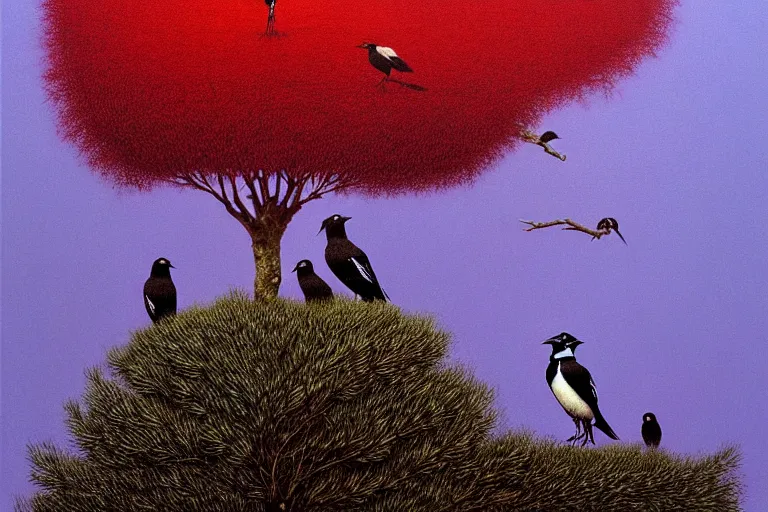 Prompt: a magpie family hosting their magpie relatives on top of a pine tree, in the style of rafał olbinski, in the style of beksinski, intricate and epic composition, red by caravaggio, insanely quality, highly detailed, masterpiece, purple light, artstation, 4 k